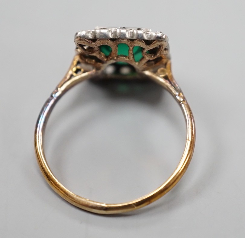 An 18ct gold, green paste? and diamond set square cluster ring, size L, gross weight 2.2 grams.
